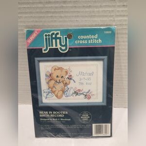 Jiffy Counted Cross Stitch Bear In Booties Birth Record Kit 16600 Sealed
